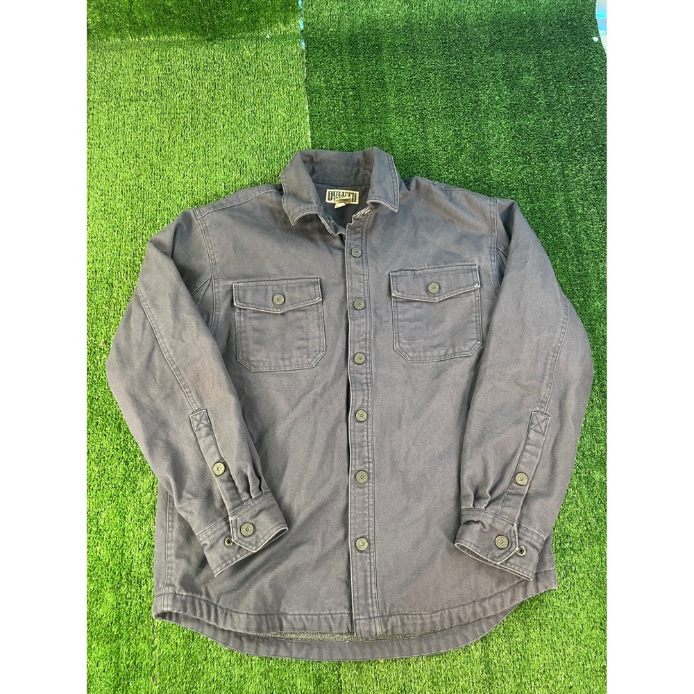 Duluth Trading Co Mens Fleece Lined Canvas Shirt Jacket Gray Blue Size M Rugged